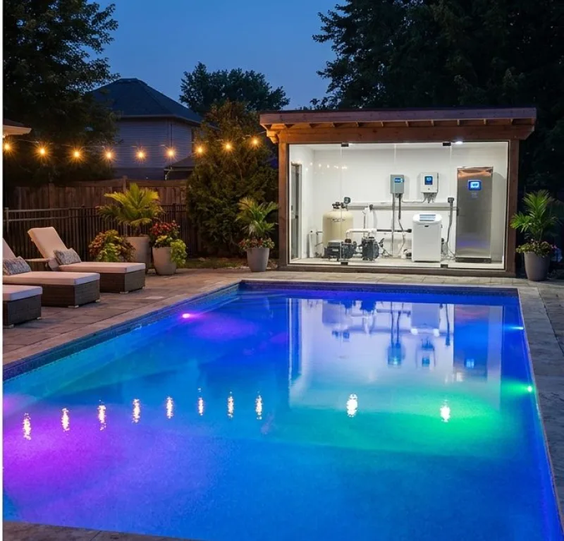 The same pool lit with blue and purple LEDs, beside an enclosed glazed plant room holding new filtration equipment