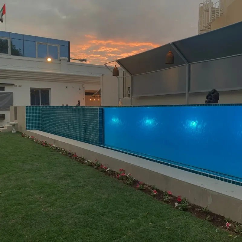 A garden pool with a full-height glass side panel, lit from within