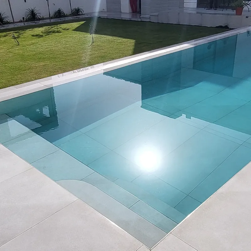 A garden pool with a full-height glass side panel, lit from within