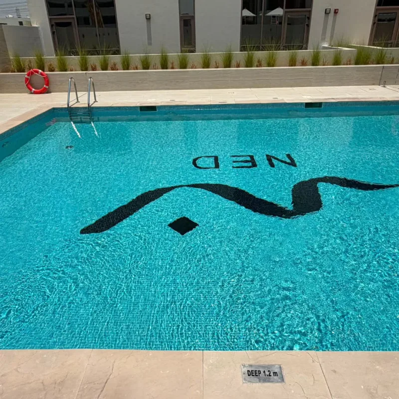 A residential building pool with a dark mosaic motif set into the floor