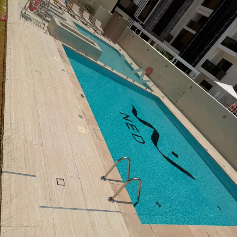 A residential building pool with a dark mosaic motif set into the floor