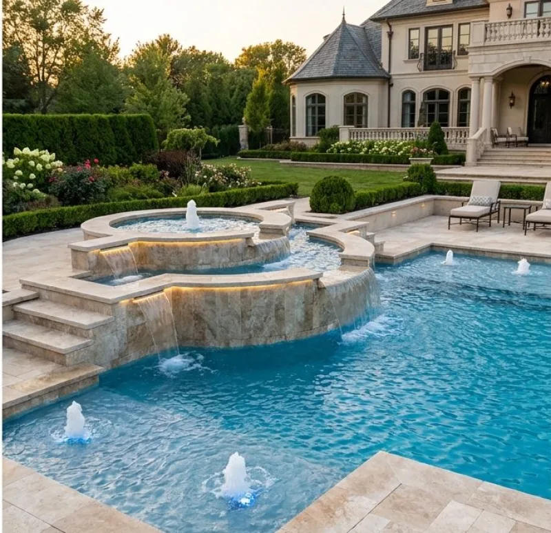 The same fountain and pool restored, with clean stone tiers, clear blue water and working jets