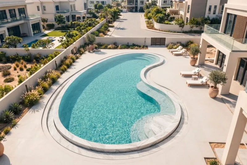 The same freeform pool finished, filled with clear turquoise water and framed by a pale marble deck with loungers