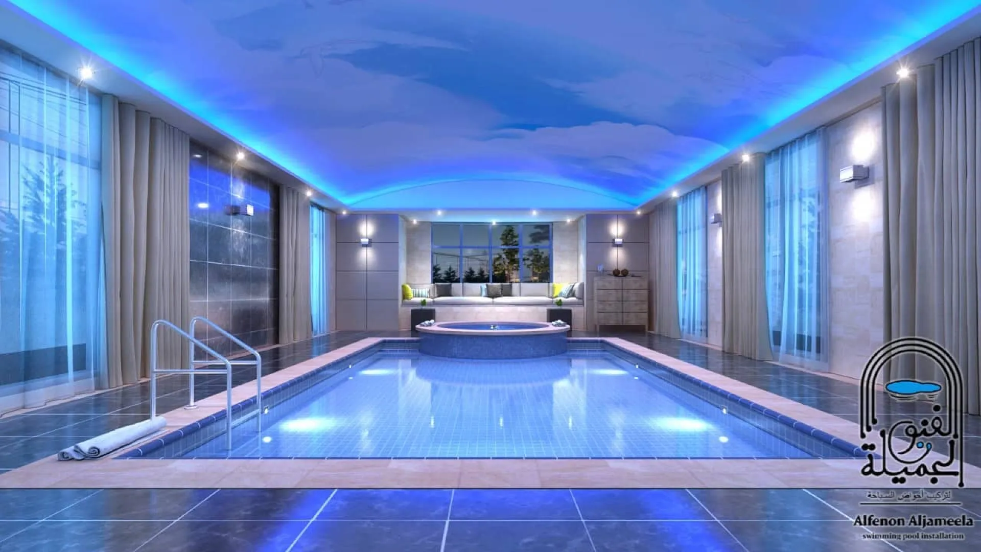 An indoor pool tiled in blue mosaic with lighting set into the ceiling