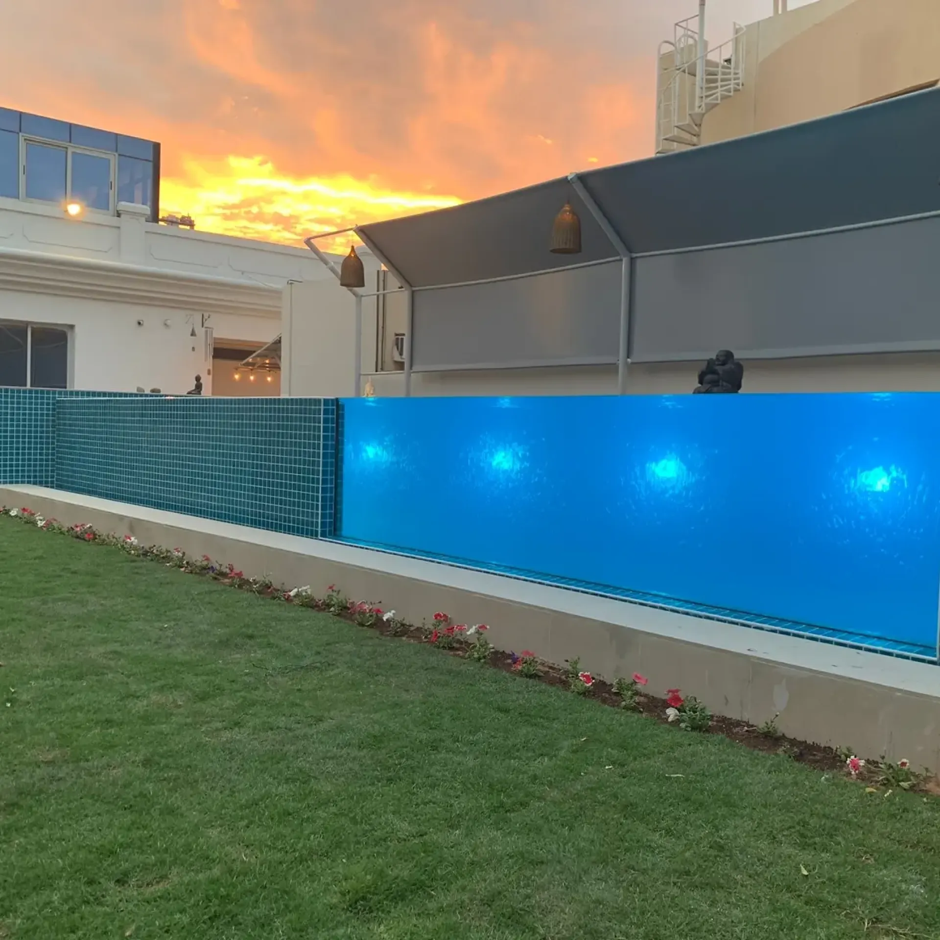 A garden pool with a full-height glass wall, lit from within at sunset