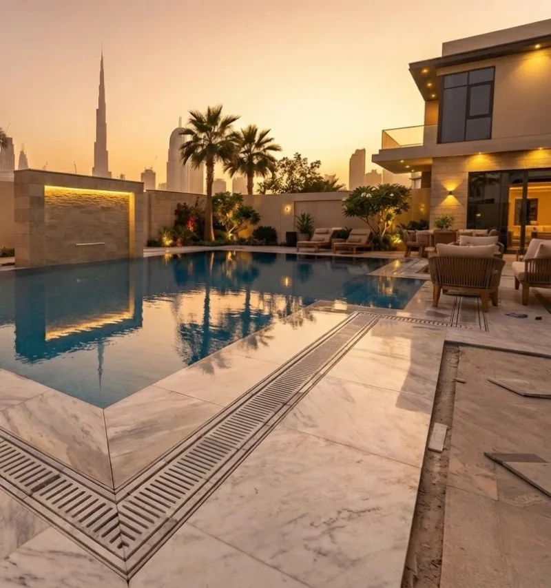 The finished pool and marble deck at sunset, with a lit stone feature wall and the Dubai skyline behind