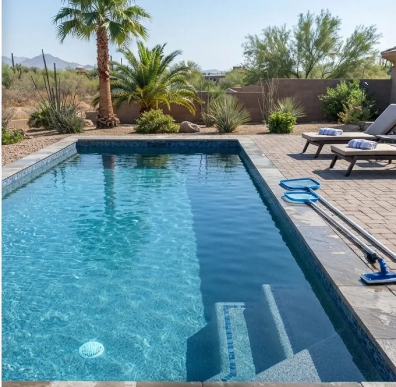 The same pool with clear blue water and cleaning equipment stacked neatly on the paving beside it