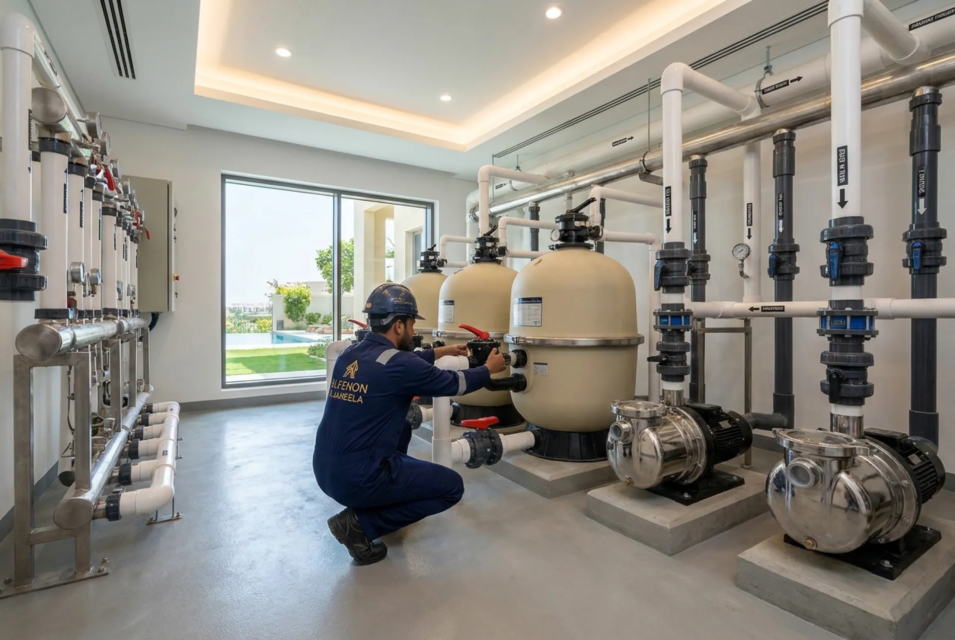 A technician adjusting a multiport valve in a villa plant room lined with sand filters, stainless pumps and labelled pipework
