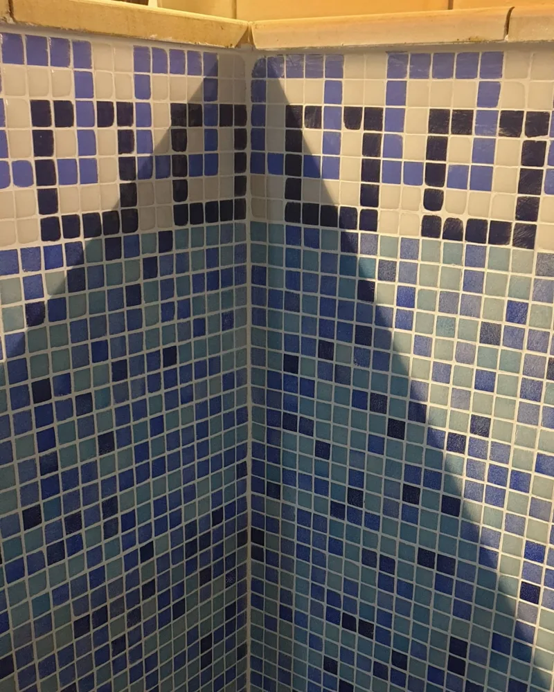 Glass mosaic tiling and a patterned border on a pool wall